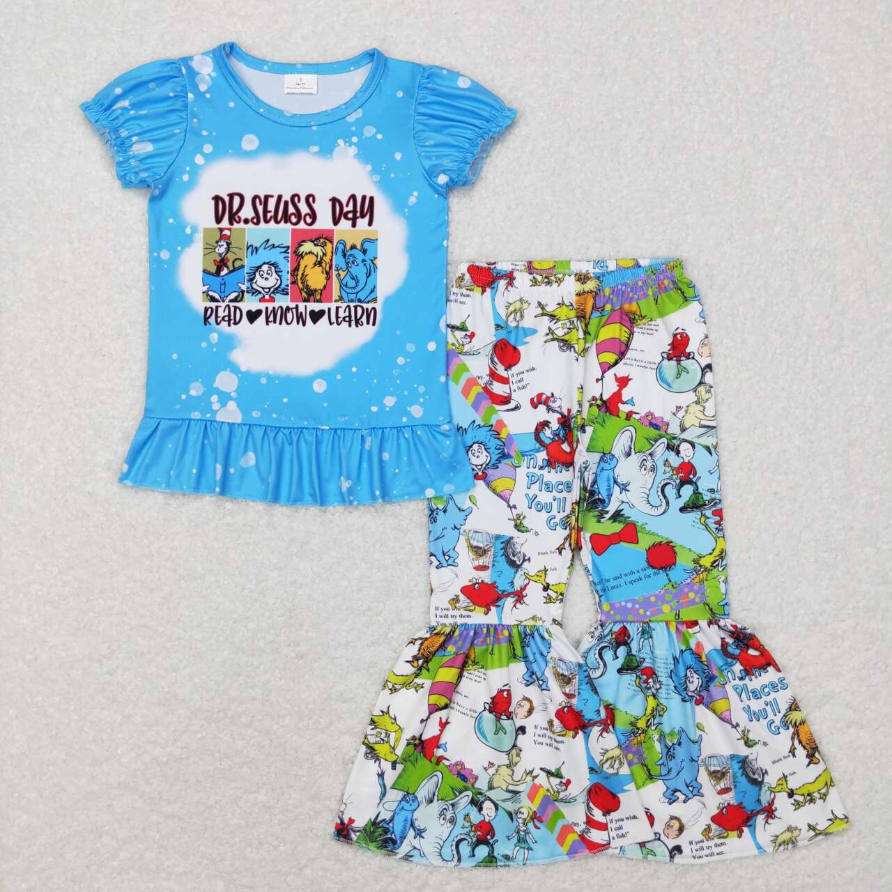 GSPO1099 Blue Cartoon Animals Dr.Reading Print Girls Clothes Set