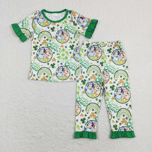 GSPO1112 Cartoon Dog Green Quatrefoil Print Girls St. Patrick's Clothes Set