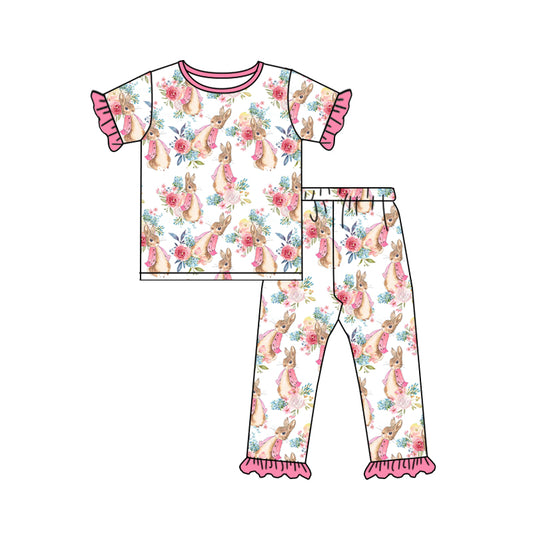 (Pre-order)GSPO1120 Pink Flowers Bunny Print Girls Easter Pajamas Clothes Set