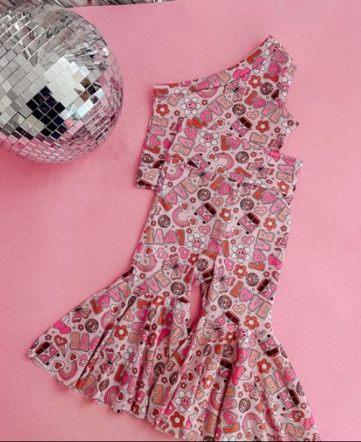 (Pre-order)GSPO1125  One Shoulder LOVE Rainbow Heart Print Girls Valentine's Clothes Set