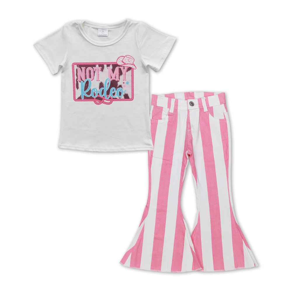 GSPO1129 Western Pink NOT MY RODEO Print Top Stripes Denim Bell Jeans Girls Clothes Set