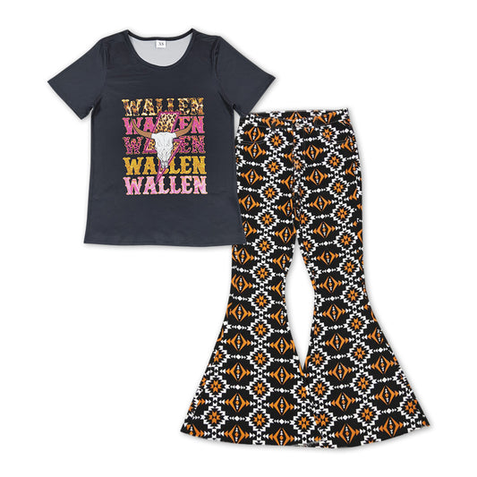 GSPO1130 Adult WALLEN Cow Skull Top Aztec Denim Bell Pants Jeans Woman Western Clothes Set