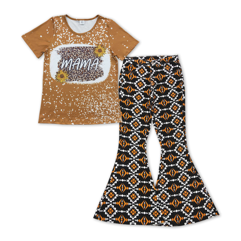 GSPO1131 Adult Sunflower Leopard Top Aztec Denim Bell Pants Jeans Woman Western Clothes Set