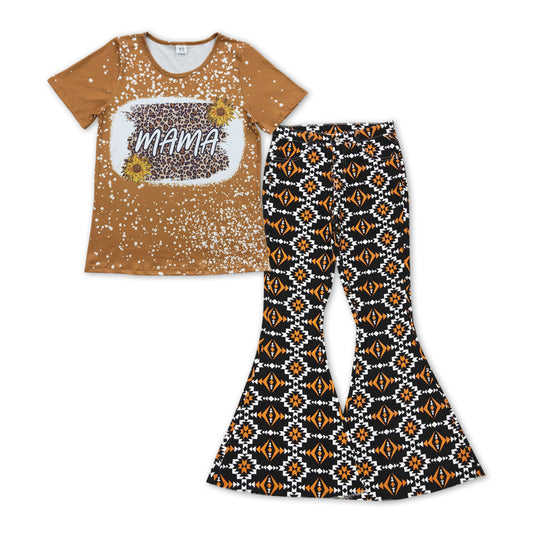GSPO1131 Adult Sunflower Leopard Top Aztec Denim Bell Pants Jeans Woman Western Clothes Set