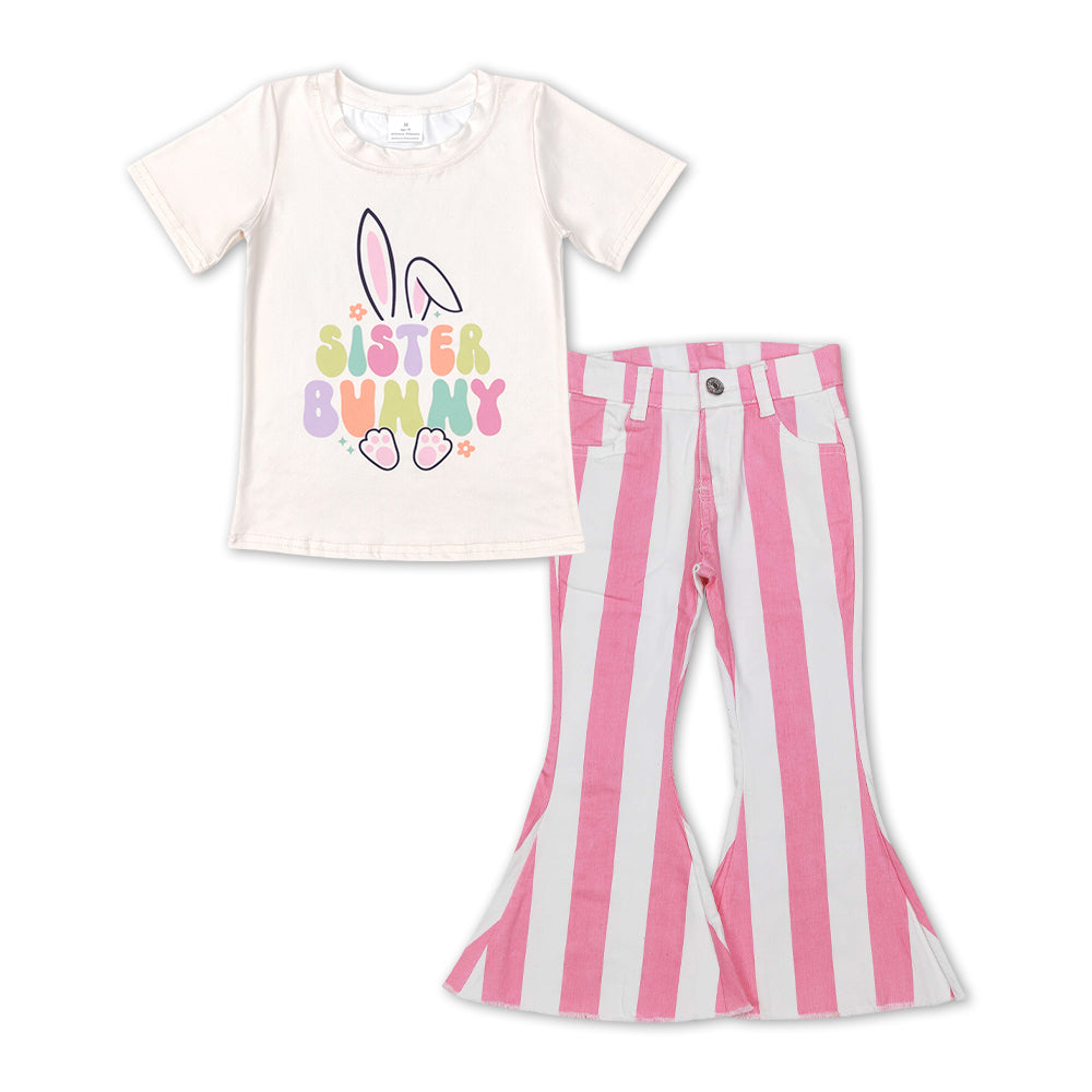GSPO1133 Sister Bunny Top Pink Stripes Denim Bell Jeans Girls Easter Clothes Set