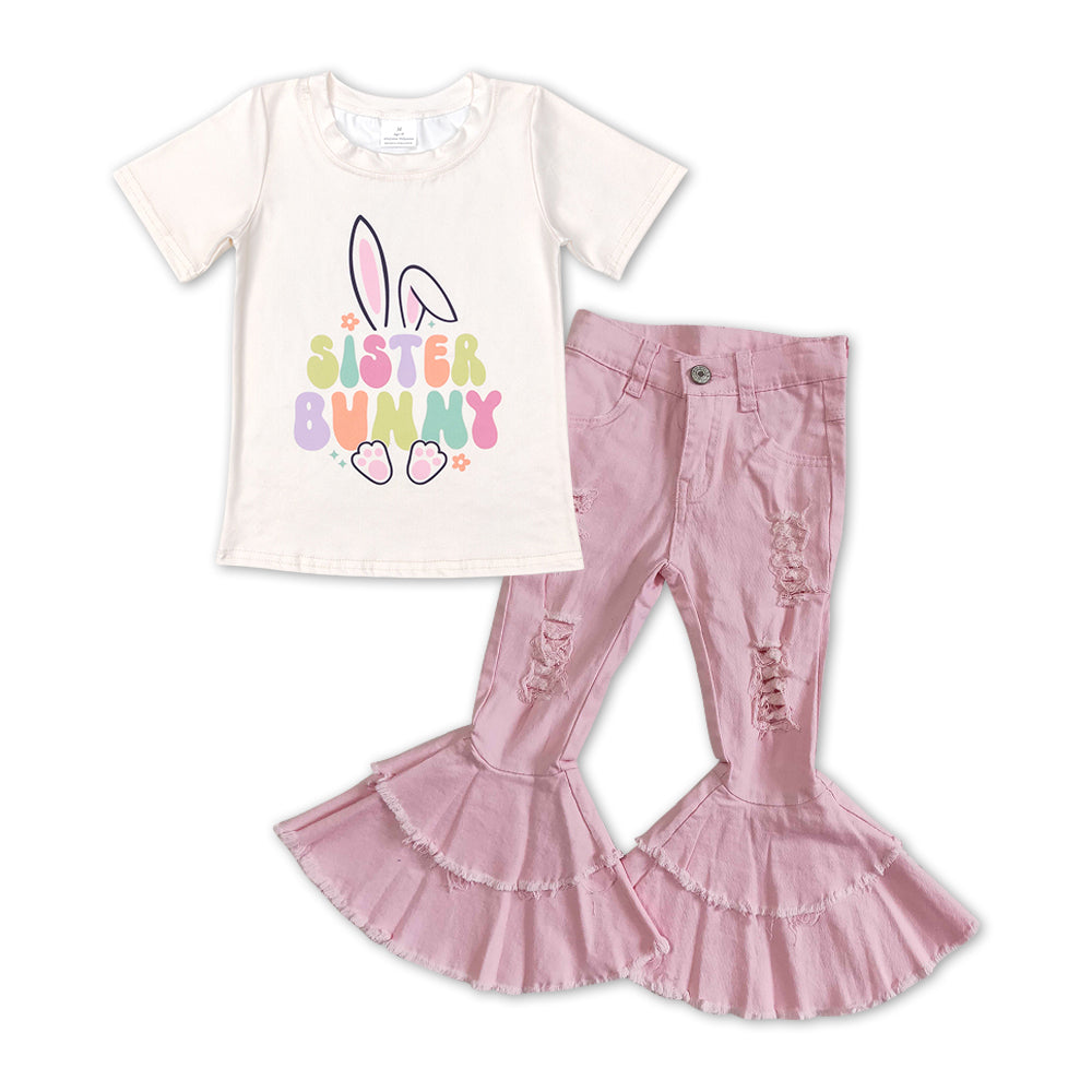 GSPO1134 Sister Bunny Top Pink Hole Denim Bell Jeans Girls Easter Clothes Set