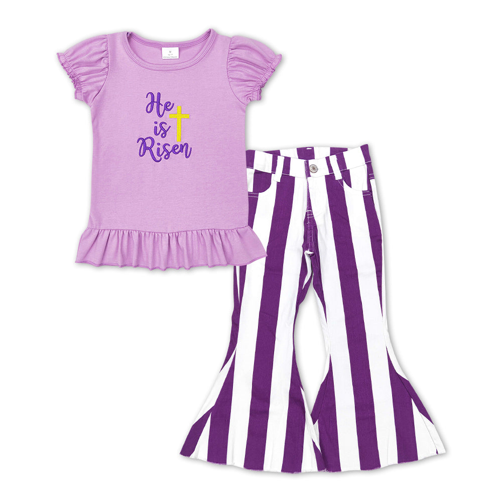 GSPO1135 He is Risen Cross Embroidery Purple Top Stripes Denim Bell Jeans Girls Easter Clothes Set