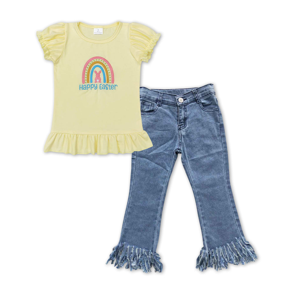 GSPO1136 Happy Easter Rainbow Bunny Embroidery Yellow Top Blue Denim Tassels Jeans Girls Clothes Set