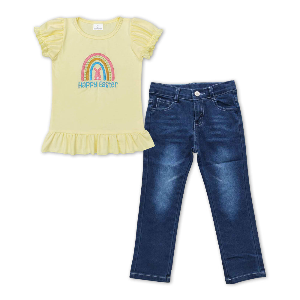 GSPO1137 Happy Easter Rainbow Bunny Embroidery Yellow Top Denim Jeans Girls Clothes Set