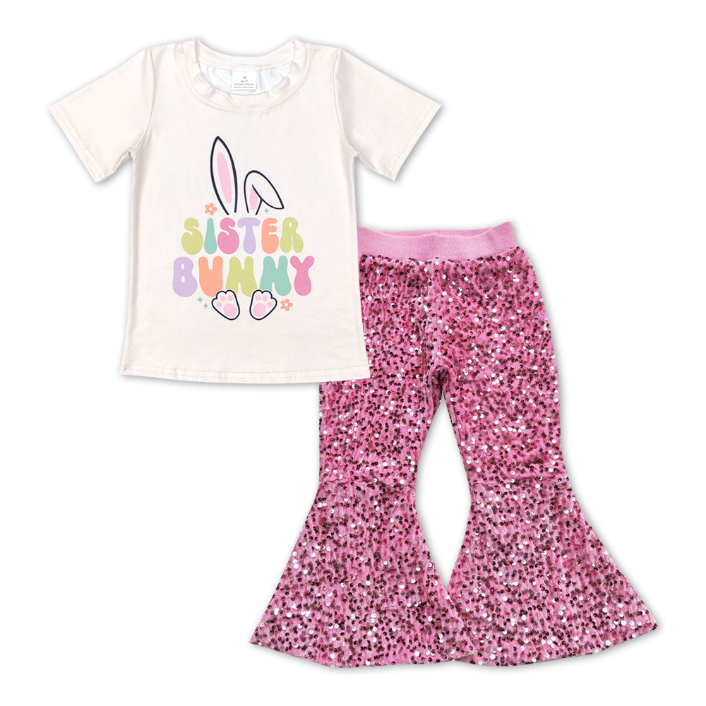 GSPO1138 Sister Bunny Top Pink Sequin Bell Pants Girls Easter Clothes Sets