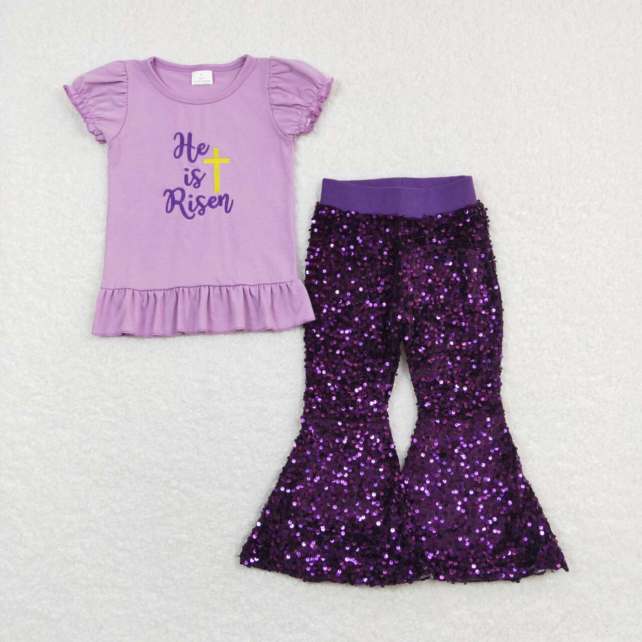 GSPO1139 He is Risen Cross Embroidery Top Purple Sequin Bell Pants Girls Easter Clothes Sets