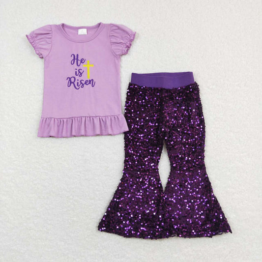 GSPO1139 He is Risen Cross Embroidery Top Purple Sequin Bell Pants Girls Easter Clothes Sets