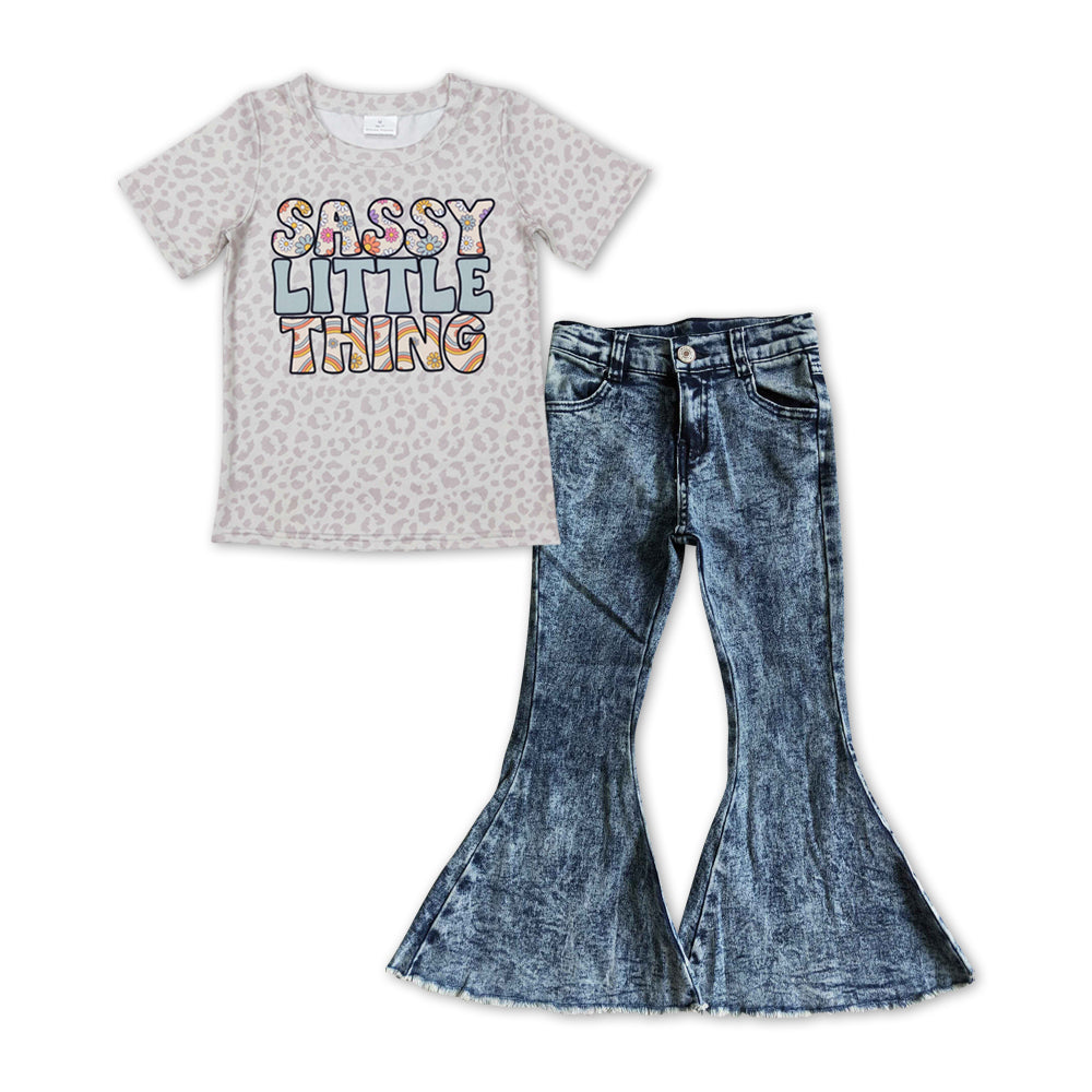 GSPO1150 Sassy Little Thing Leopard Top Blue Denim Bell Jeans Girls Clothes Set