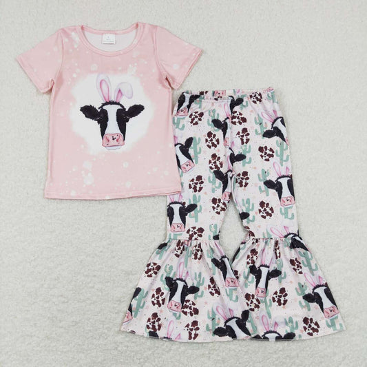 GSPO1152 Rabbit Cow Cactus Print Girls Easter Clothes Set
