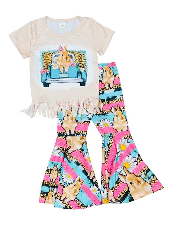 (Pre-order)GSPO1154 Bunny Leopard Truck Print Girls Easter Clothes Set