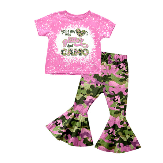 (Pre-order)GSPO1165  Love Camo Top Green Pink Camo Bell Pants Girls Clothes Set