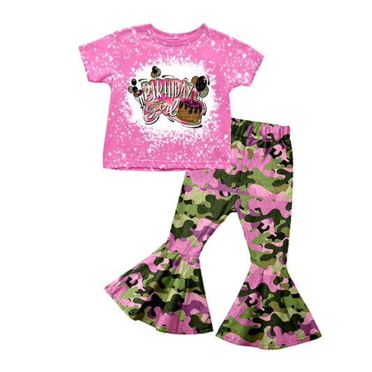 (Pre-order)GSPO1166  Birthday Girl Top Green Pink Camo Bell Pants Girls Clothes Set