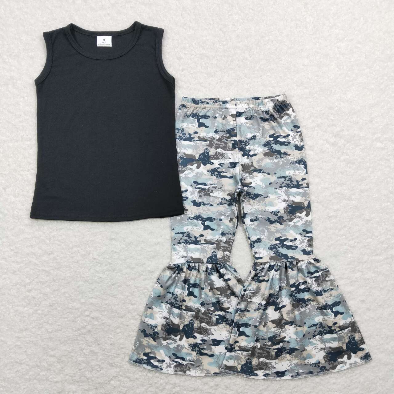 GSPO1167 Black Sleeveless Top Camo Bell Pants Girls Clothes Set