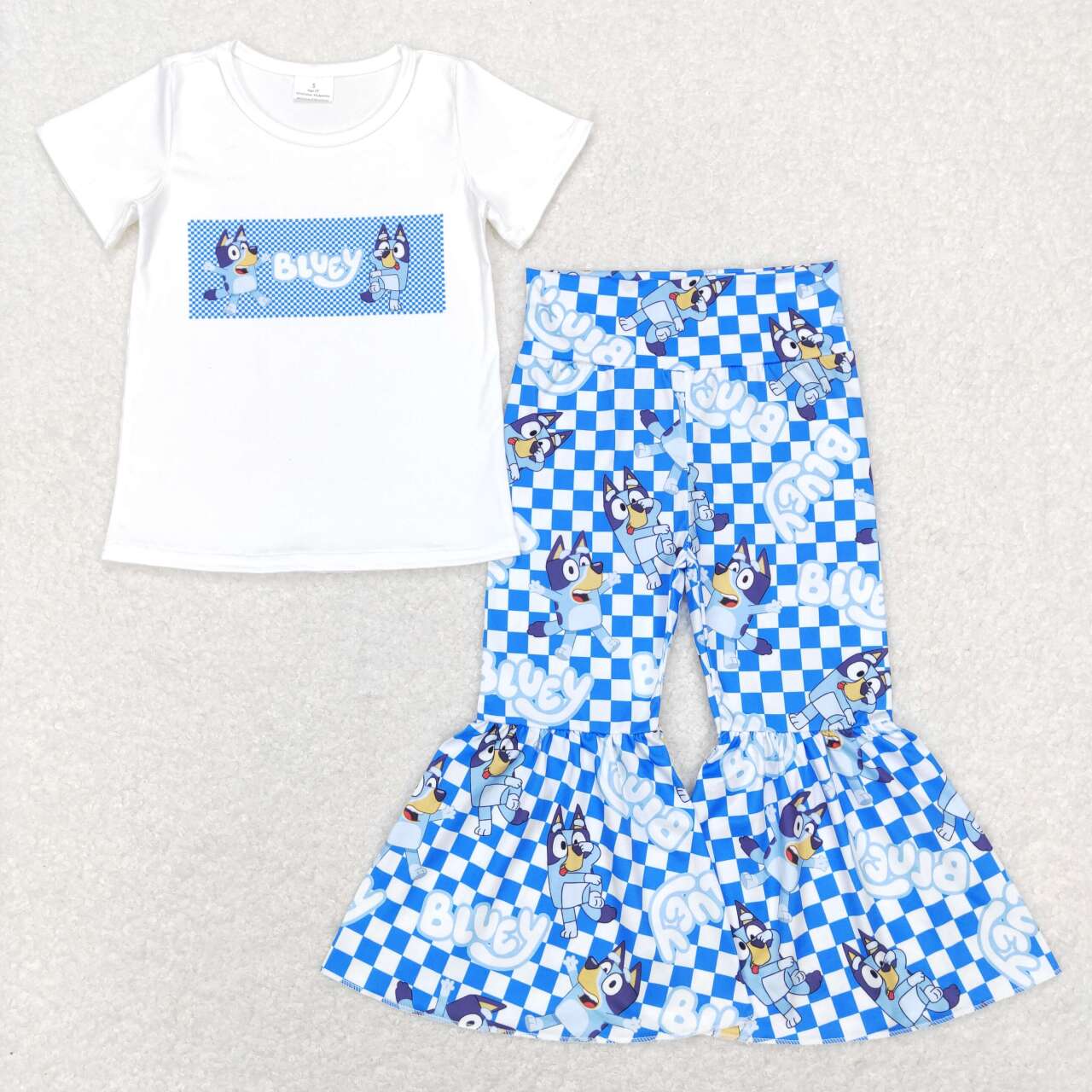GSPO1174 Blue Cartoon Dog Plaid Girls Clothes Set