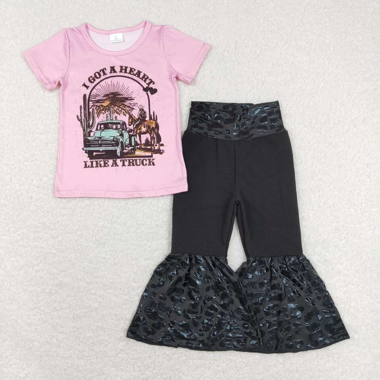 GSPO1192 Pink Got Heart Like Truck Top Black Bell Pants Girls Clothes Set