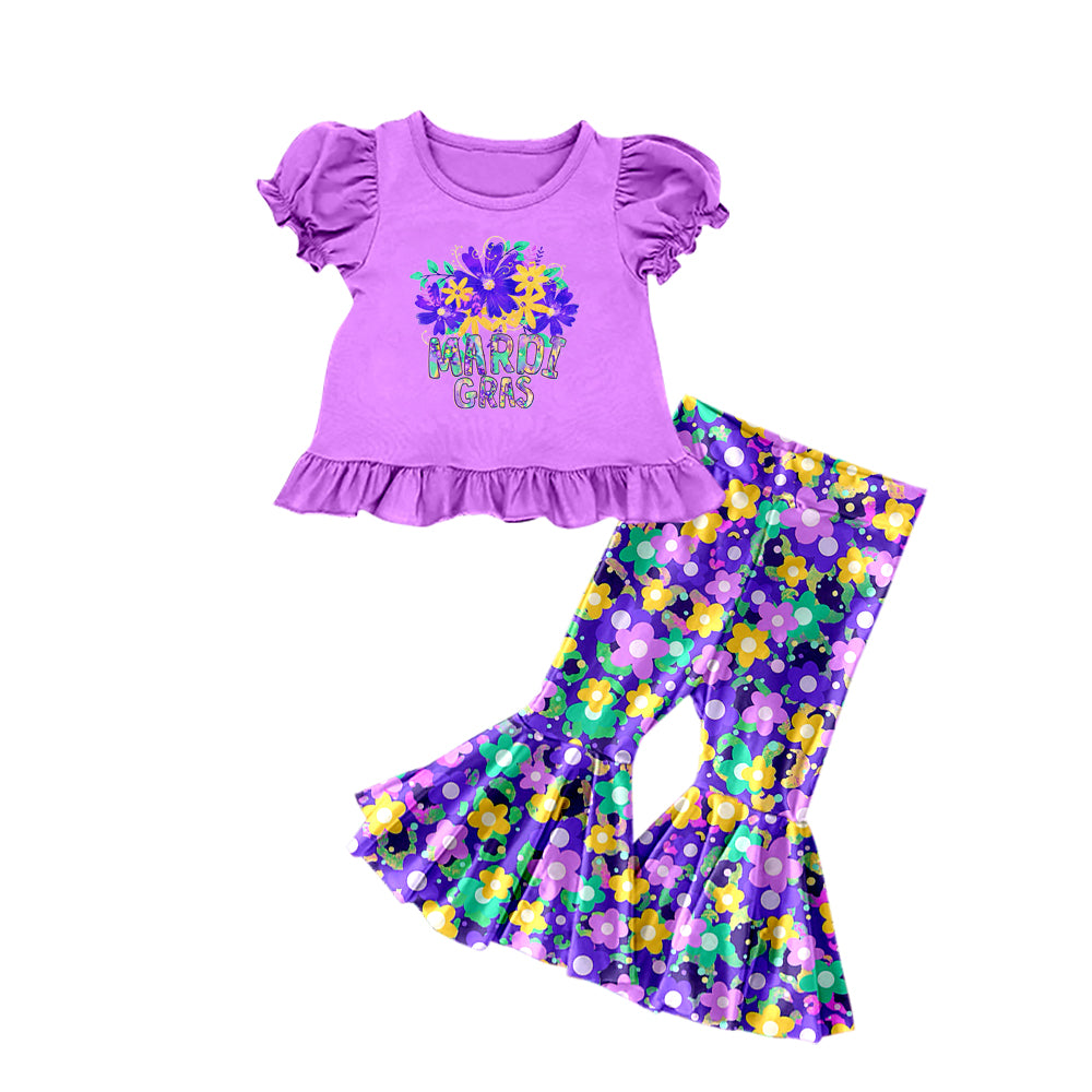 (Pre-order)GSPO1206 Purple Flowers Print Girls Mardi Gras Cothes Set