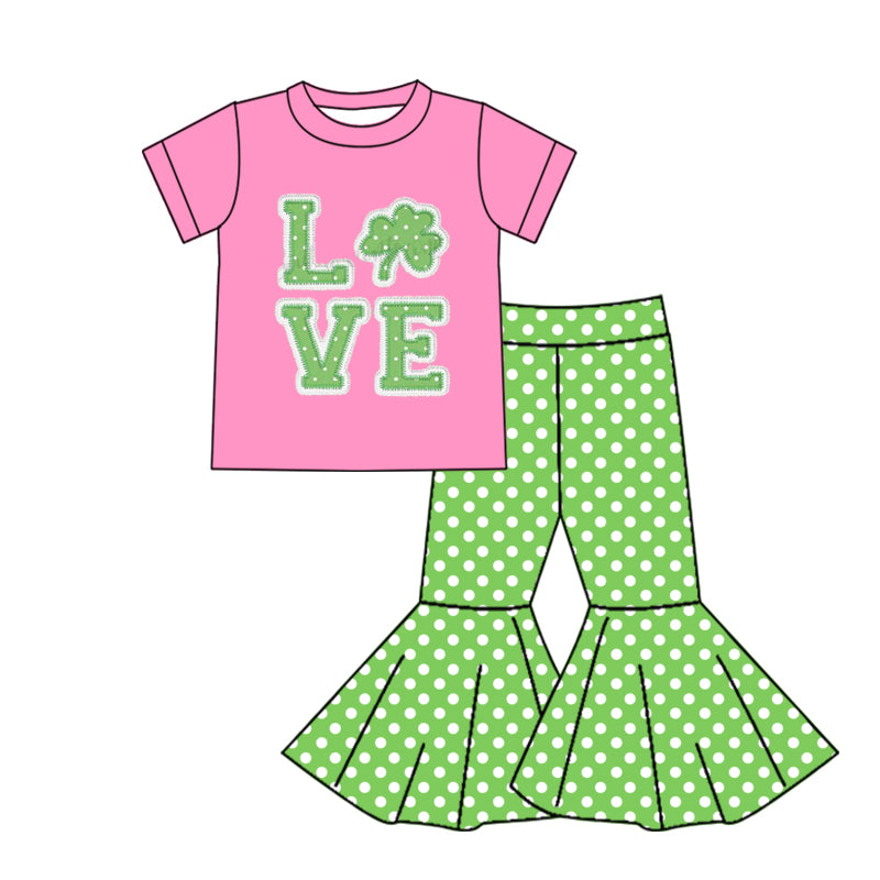(Pre-order)GSPO1214 Green Quatrefoil LOVE Pink Top Dots Bell Pants Girls St. Patrick's Cothes Set