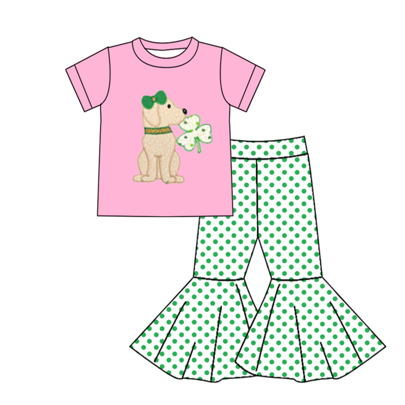 (Pre-order)GSPO1215  Green Quatrefoil Dog Pink Top Dots Bell Pants Girls St. Patrick's Cothes Set