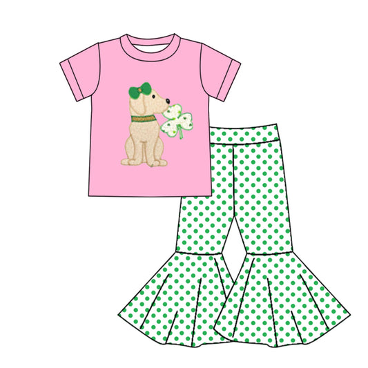 (Pre-order)GSPO1215  Green Quatrefoil Dog Pink Top Dots Bell Pants Girls St. Patrick's Cothes Set