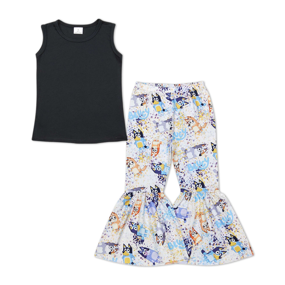 GSPO1223 Black Sleeveless Top Cartoon Dog Bell Pants Girls Clothes Set