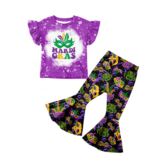 (Pre-order)GSPO1229  Purple Mask Print Girls Mardi Gras Clothes Set