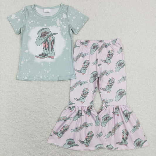 GSPO1232 Boots Hat Print Girls Western Clothes Set