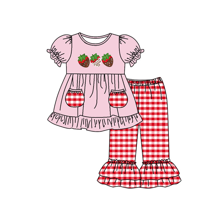 (Pre-order)GSPO1265 Strawberry Chocolate Print Pink Pockets Top Plaid Pants Girls Clothes Set