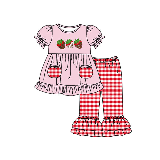 (Pre-order)GSPO1265 Strawberry Chocolate Print Pink Pockets Top Plaid Pants Girls Clothes Set