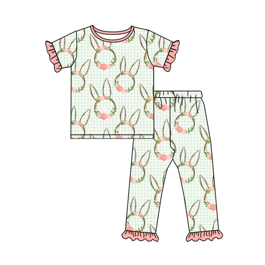 (Pre-order)GSPO1269 Bunny Flowers Print Girls Easter Pajamas Clothes Set