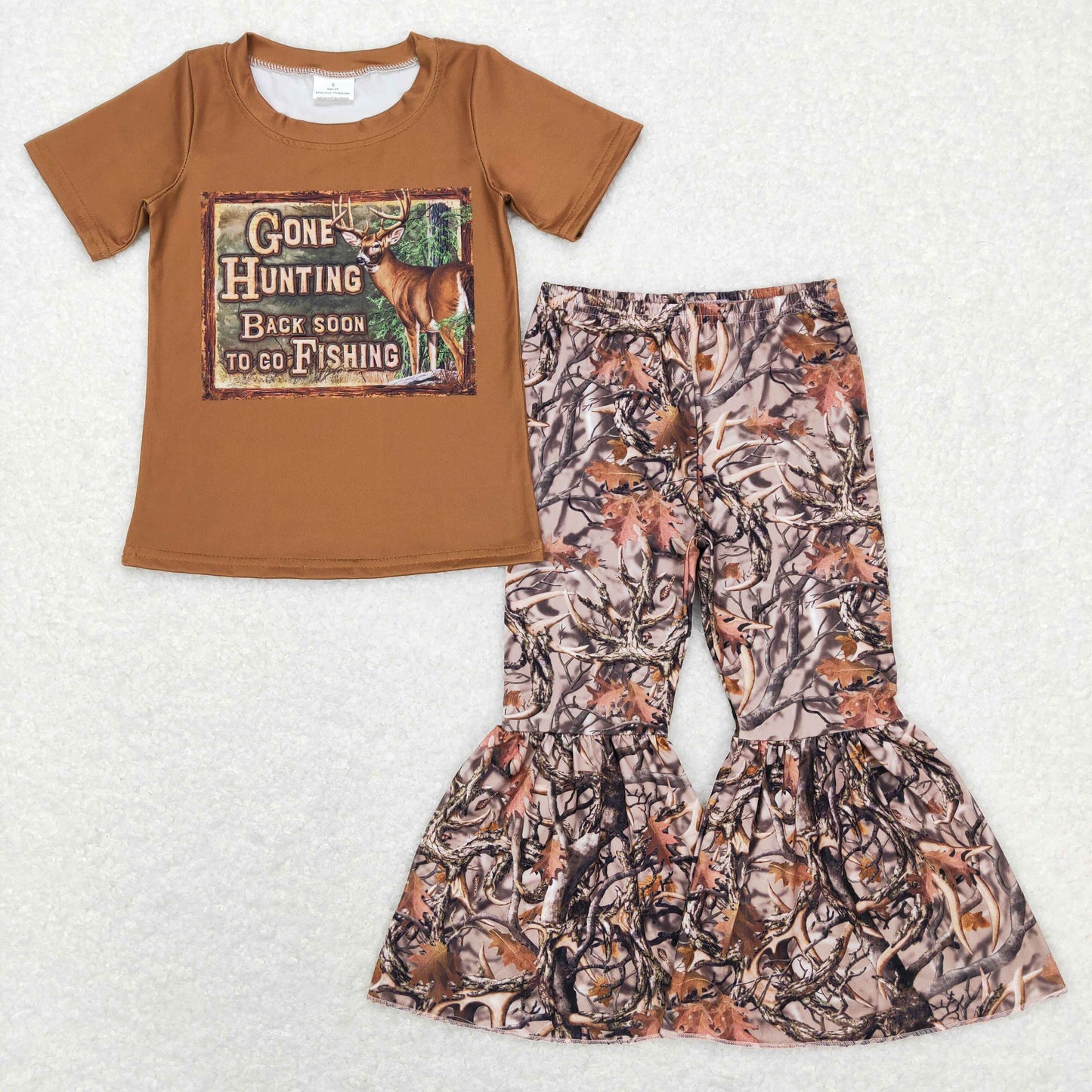 GSPO1272 Dear Print Top Branch Bell Pants Girls Clothes Set
