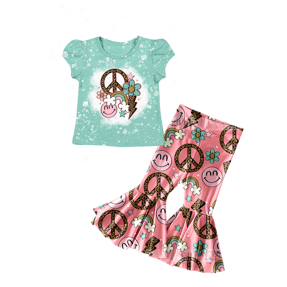 (Custom Design Preorder MOQ 5) Peace Smiling Face Flowers Rainbow Print Girls Clothes Set