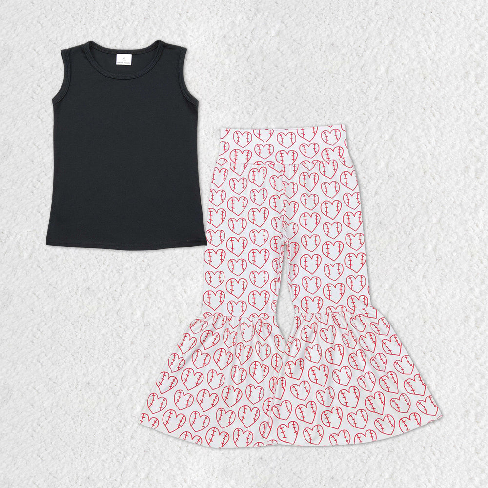 GSPO1302 Black Sleeveless Top Heart Baseball Bell Pants Girls Clothes Set