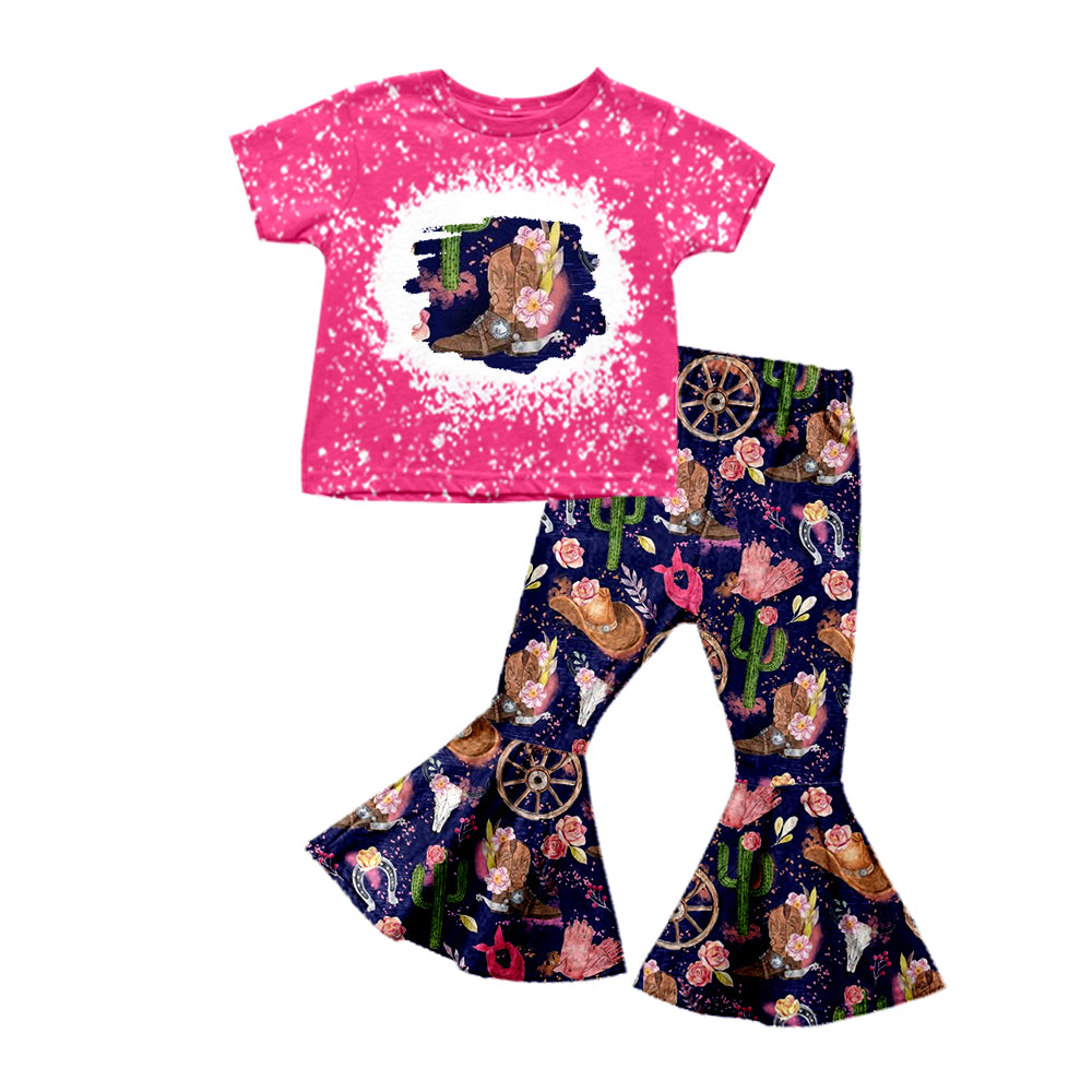 (Pre-order)GSPO1320 Cactus Boots Flowers Print Girls Clothes Set