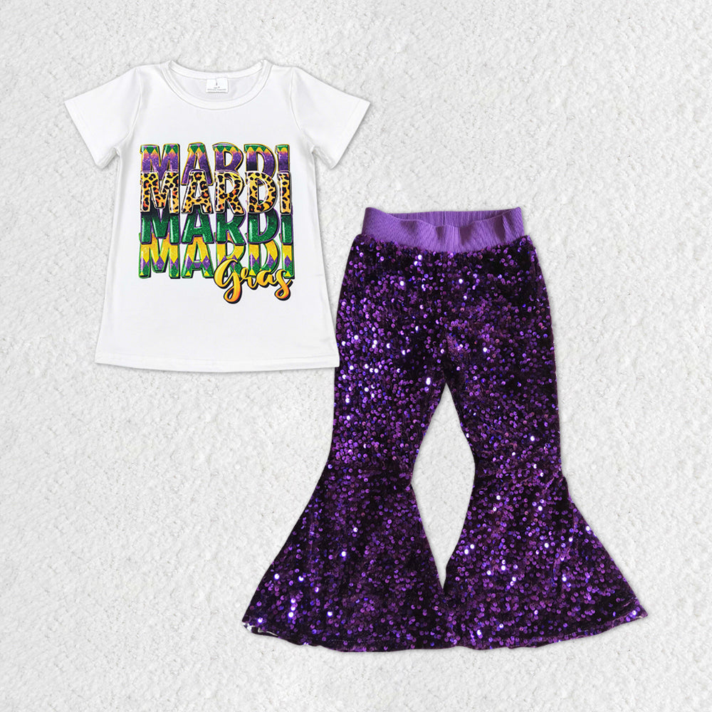 GSPO1326 Mardi Gras Top Purple Sequin Bell Pants Girls Clothes Sets