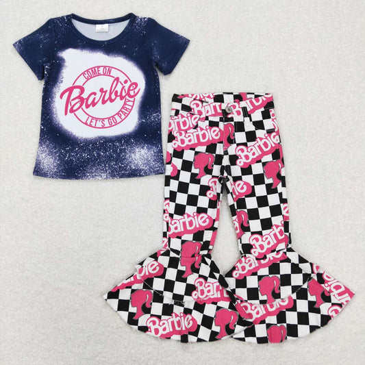 GSPO1354 Come On Let's Go Party Pink BA Navy Top Denim Bell Bottom Jeans Girls Clothes Set