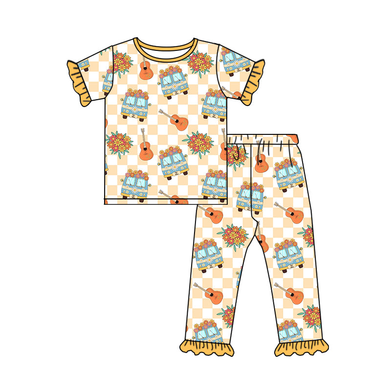 (Pre-order)GSPO1370 Bus Flowers Guitar Yellow Print Girls Pajamas Clothes Set