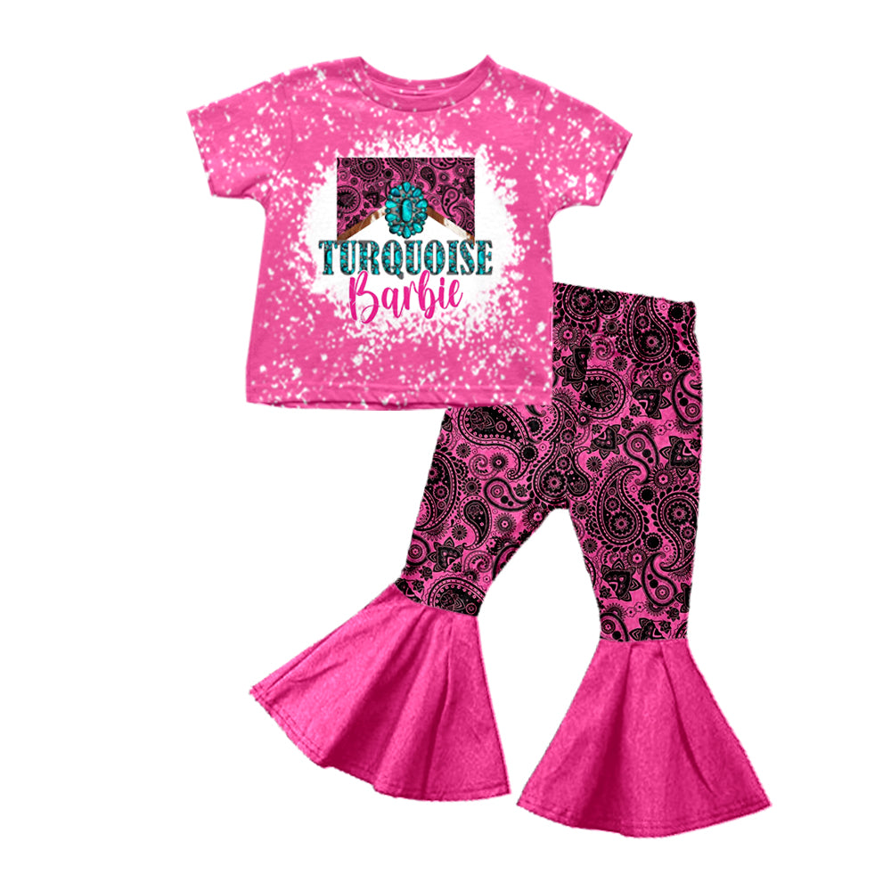 (Pre-order)GSPO1442 Hot Pink Paisley Turquoise Print Girls Western Clothes Set
