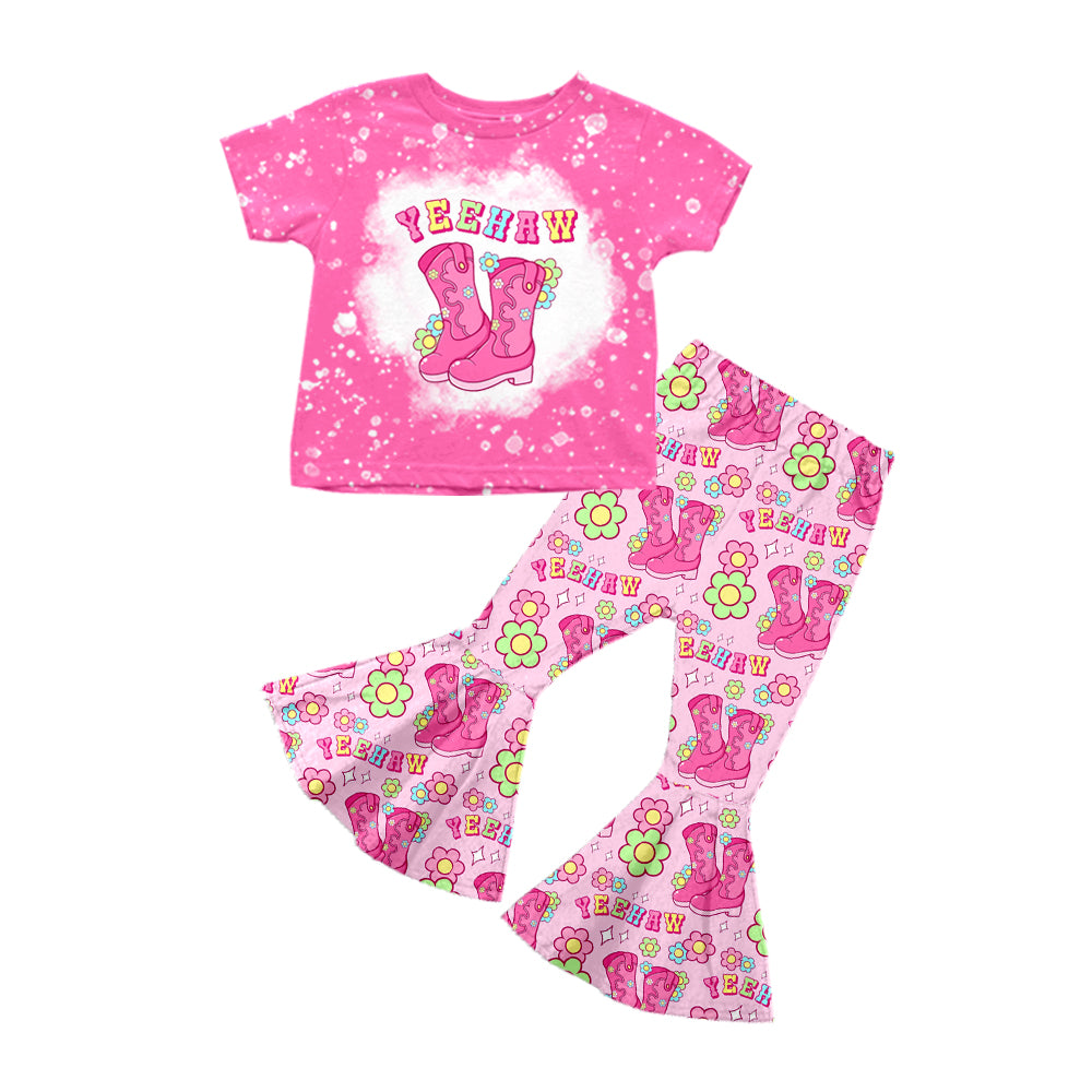 (Pre-order)GSPO1444 Hot Pink Boots Flowers Girls Clothes Set