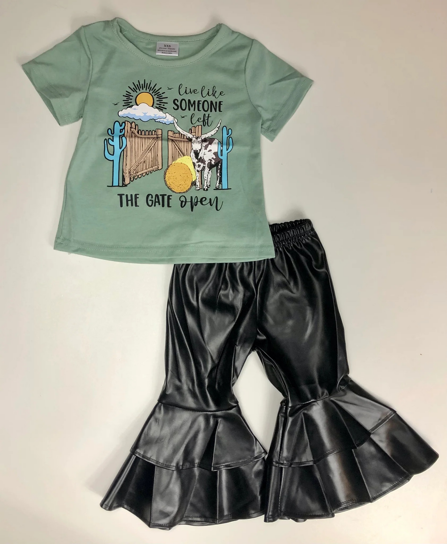 (Pre-order)GSPO1450 Cow Gate Green Top Black Leather Bell Pants Girls Clothes Set