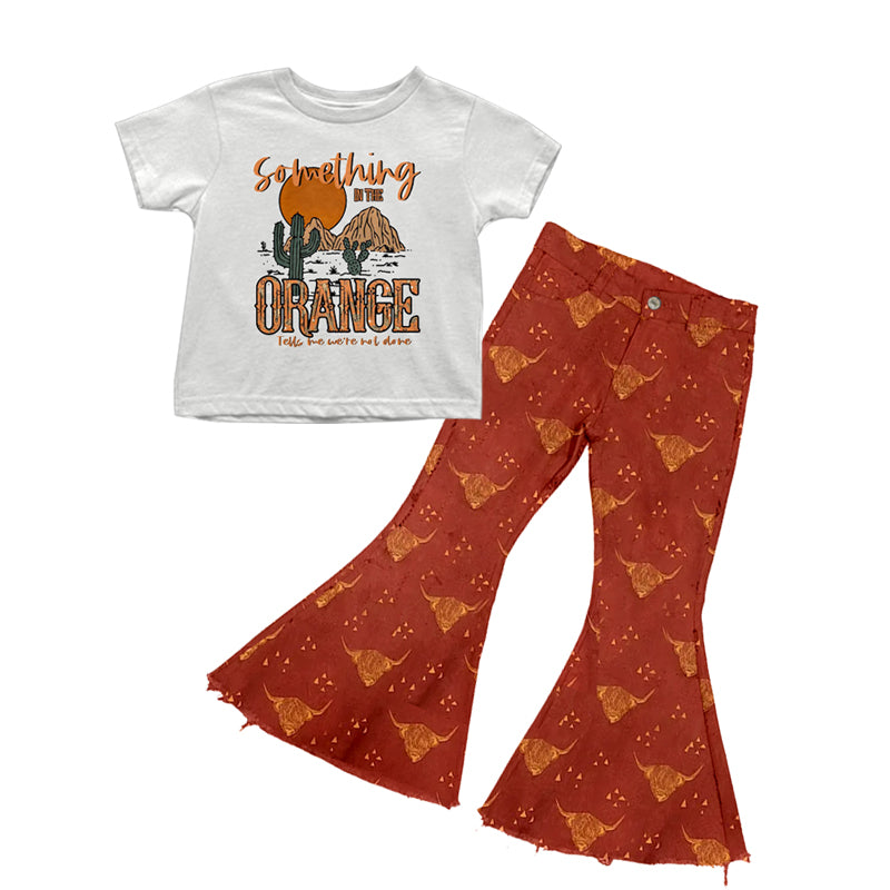 (Pre-order)GSPO1451 Someting Cactus Top Orange Highland Cow Denim Bell Pants Girls Western Clothes Set
