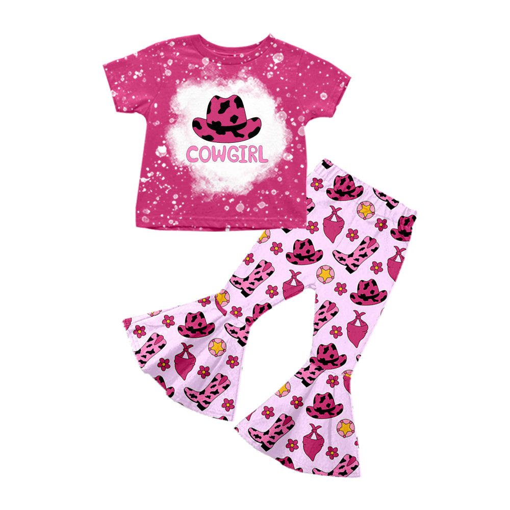 (Pre-order)GSPO1454 Cowgirl Boots Hat Print Girls Bell Pants Western Clothes Set