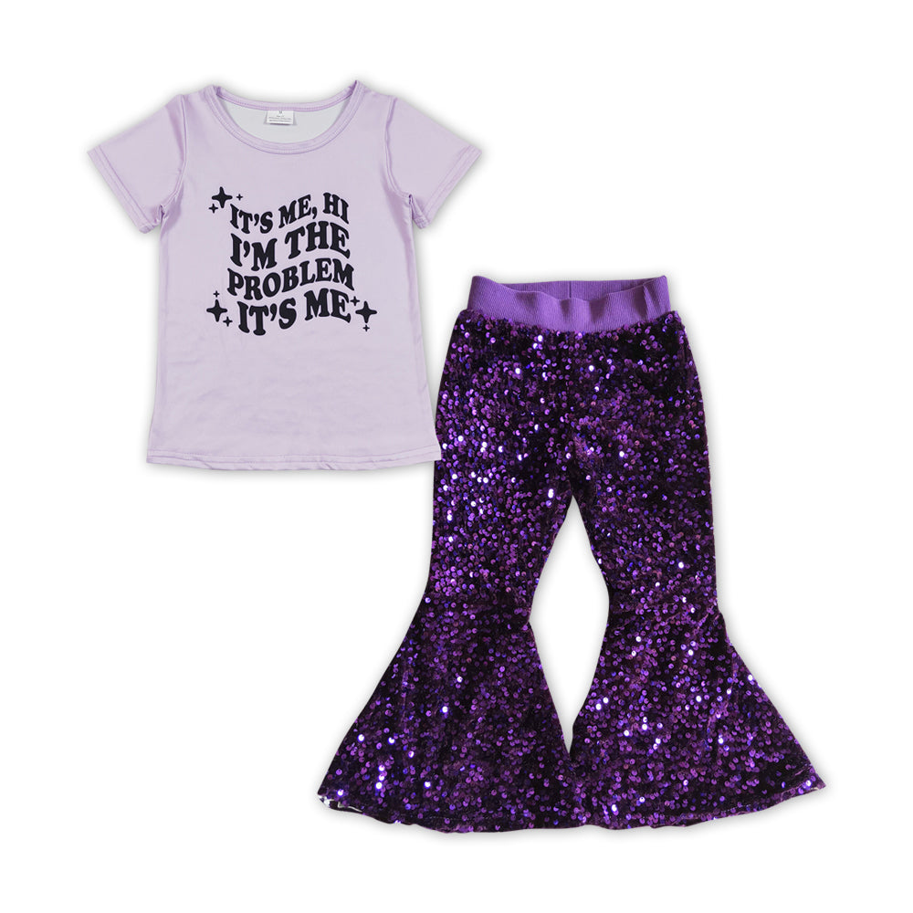 GSPO1456 It's Me Singer Top Purple Sequin Bell Pants Girls Clothes Sets