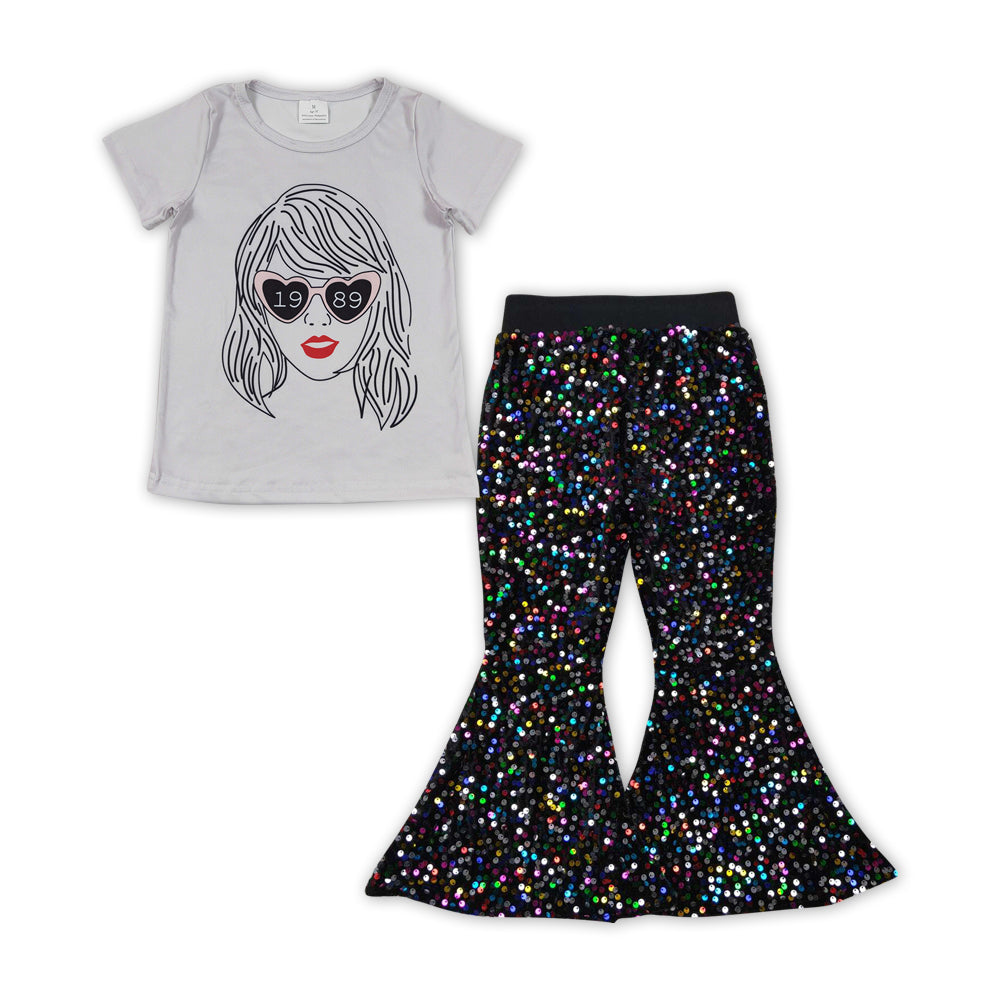 GSPO1473 Singer Swiftie Top Black Sequin Bell Pants Girls Clothes Sets