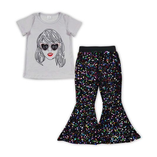 GSPO1473 Singer Swiftie Top Black Sequin Bell Pants Girls Clothes Sets