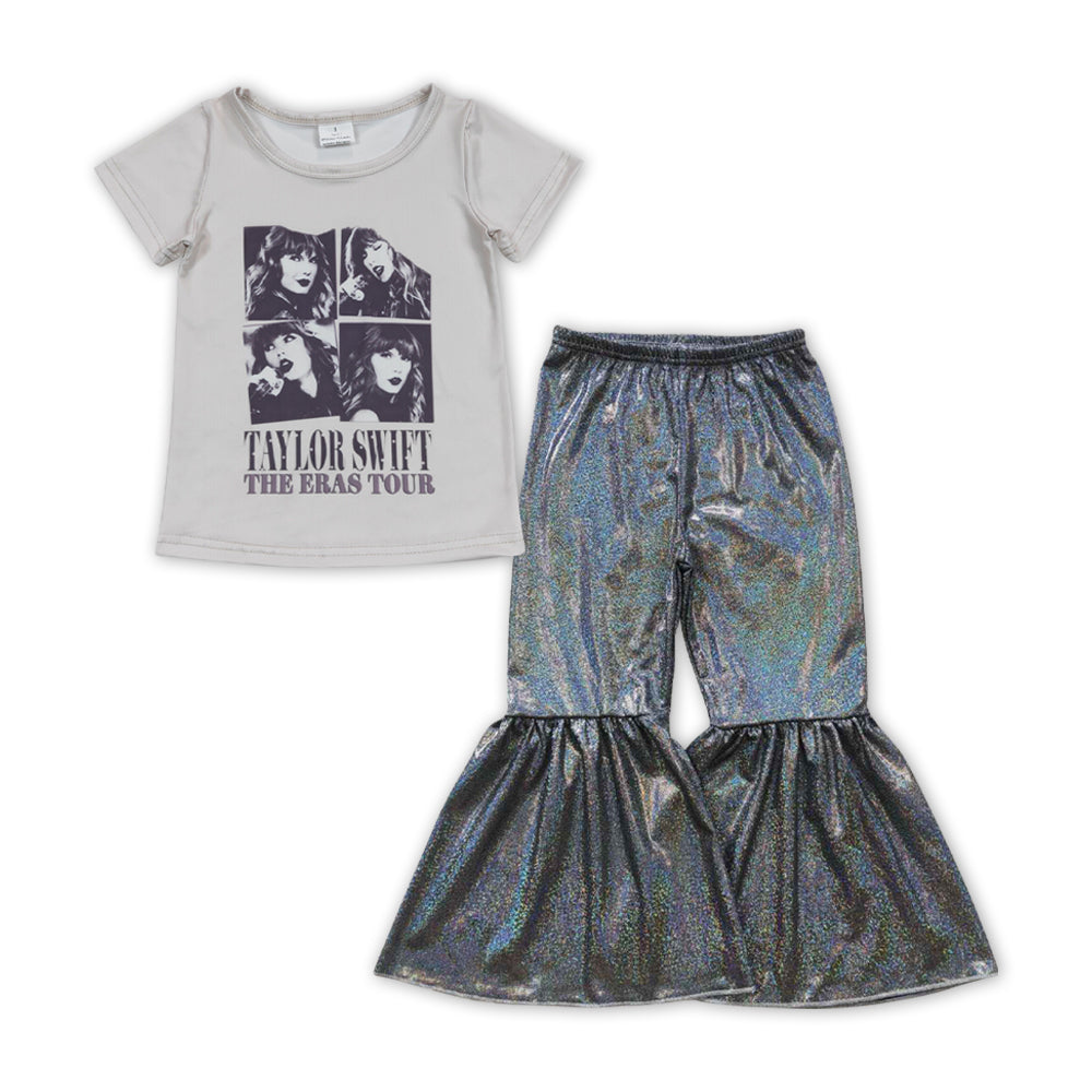 GSPO1482 Singer Swiftie Top Black Disco Bell Pants Girls Clothes Set